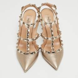 Pre Owned Valentino Metallic Gold Leather Rockstud Embellished Ankle Strap Sandals Size 39.5
