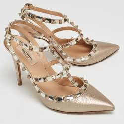 Pre Owned Valentino Metallic Gold Leather Rockstud Embellished Ankle Strap Sandals Size 39.5