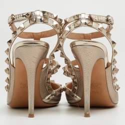 Pre Owned Valentino Metallic Gold Leather Rockstud Embellished Ankle Strap Sandals Size 39.5