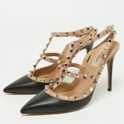 Pre Owned Valentino Black/Pink Leather Rockstud Buckle Strap Pumps Size 40