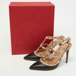 Pre Owned Valentino Black/Pink Leather Rockstud Buckle Strap Pumps Size 40