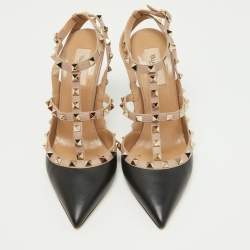 Pre Owned Valentino Black/Pink Leather Rockstud Buckle Strap Pumps Size 40
