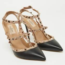 Pre Owned Valentino Black/Pink Leather Rockstud Buckle Strap Pumps Size 40