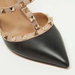 Pre Owned Valentino Black/Pink Leather Rockstud Buckle Strap Pumps Size 40