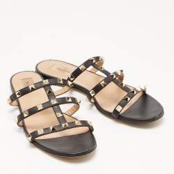 Pre Owned Valentino Black Leather Rockstud Flat Slides Size 39.5