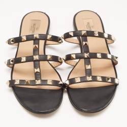 Pre Owned Valentino Black Leather Rockstud Flat Slides Size 39.5