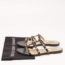 Pre Owned Valentino Black Leather Rockstud Flat Slides Size 39.5