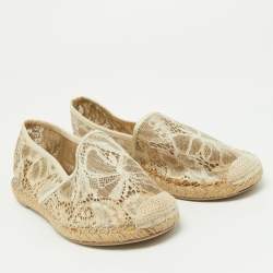 Pre Owned Valentino Off White Lace Espadrille Flats Size 37