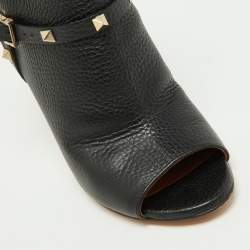 Pre Owned Valentino Black Leather Rockstud Open Toe Ankle Boots Size 38