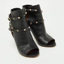 Pre Owned Valentino Black Leather Rockstud Open Toe Ankle Boots Size 38