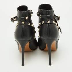 Pre Owned Valentino Black Leather Rockstud Open Toe Ankle Boots Size 38