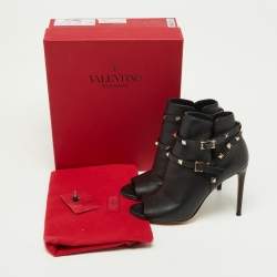 Pre Owned Valentino Black Leather Rockstud Open Toe Ankle Boots Size 38