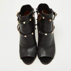 Pre Owned Valentino Black Leather Rockstud Open Toe Ankle Boots Size 38