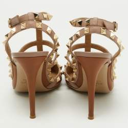 Pre Owned Valentino Brown/Pink Leather Rockstud Strappy Pointed Toe Pumps Size 39