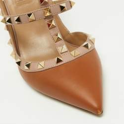 Pre Owned Valentino Brown/Pink Leather Rockstud Strappy Pointed Toe Pumps Size 39