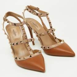 Pre Owned Valentino Brown/Pink Leather Rockstud Strappy Pointed Toe Pumps Size 39