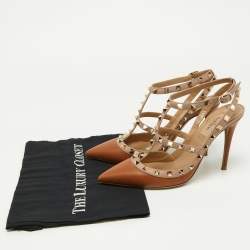 Pre Owned Valentino Brown/Pink Leather Rockstud Strappy Pointed Toe Pumps Size 39