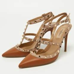 Pre Owned Valentino Brown/Pink Leather Rockstud Strappy Pointed Toe Pumps Size 39