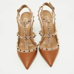 Pre Owned Valentino Brown/Pink Leather Rockstud Strappy Pointed Toe Pumps Size 39