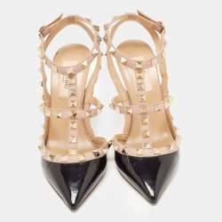 Pre Owned Valentino Black/Beige Patent Leather Rockstud Pumps Size 36
