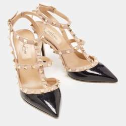Pre Owned Valentino Black/Beige Patent Leather Rockstud Pumps Size 36