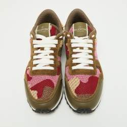 Pre Owned Valentino Multicolor Camo Print Suede,Leather and Knit Fabric Rockrunner Sneakers Size 38