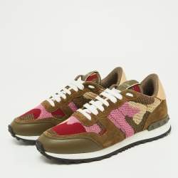 Pre Owned Valentino Multicolor Camo Print Suede,Leather and Knit Fabric Rockrunner Sneakers Size 38