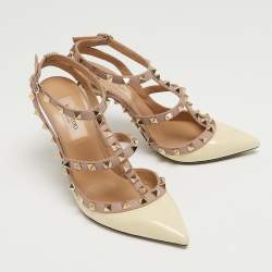 Pre Owned Valentino Cream Patent Leather Rockstud Ankle Strap Pumps Size 36