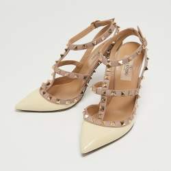 Pre Owned Valentino Cream Patent Leather Rockstud Ankle Strap Pumps Size 36