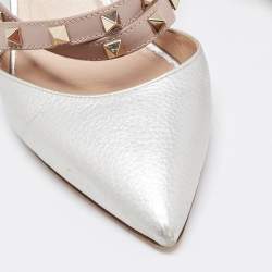 Pre Owned Valentino Silver/Beige Leather Rockstud Mules Size 37 