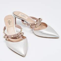Pre Owned Valentino Silver/Beige Leather Rockstud Mules Size 37 