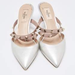 Pre Owned Valentino Silver/Beige Leather Rockstud Mules Size 37 