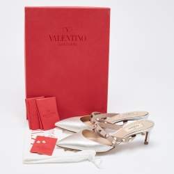 Pre Owned Valentino Silver/Beige Leather Rockstud Mules Size 37 