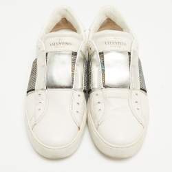Pre Owned Valentino White/Silver Leather Rockstud Slip On Sneakers Size 36