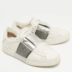 Pre Owned Valentino White/Silver Leather Rockstud Slip On Sneakers Size 36