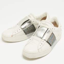 Pre Owned Valentino White/Silver Leather Rockstud Slip On Sneakers Size 36