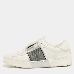 Pre Owned Valentino White/Silver Leather Rockstud Slip On Sneakers Size 36