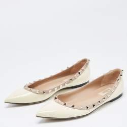 Pre Owned Valentino Cream Patent Leather Rockstud Ballet Flats Size 39.5
