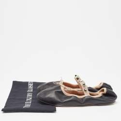 Pre Owned Valentino Black Leather Rockstud Mary Jane Bow Ballet Flats Size 38.5