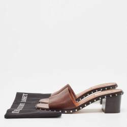 Pre Owned Valentino Brown Leather Soul Rockstud Slide Sandals Size 38