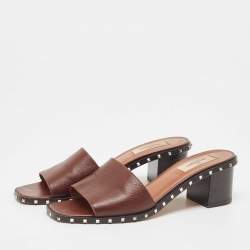 Pre Owned Valentino Brown Leather Soul Rockstud Slide Sandals Size 38