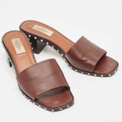 Pre Owned Valentino Brown Leather Soul Rockstud Slide Sandals Size 38