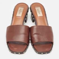 Pre Owned Valentino Brown Leather Soul Rockstud Slide Sandals Size 38