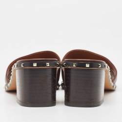 Pre Owned Valentino Brown Leather Soul Rockstud Slide Sandals Size 38