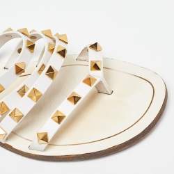 Pre Owned Valentino White Patent Leather Rockstud Flat Slides Size 36.5