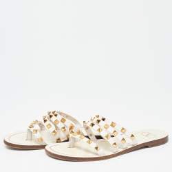 Pre Owned Valentino White Patent Leather Rockstud Flat Slides Size 36.5
