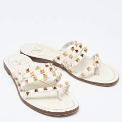 Pre Owned Valentino White Patent Leather Rockstud Flat Slides Size 36.5