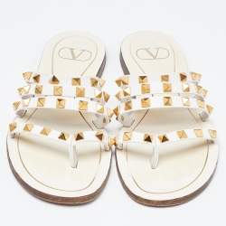 Pre Owned Valentino White Patent Leather Rockstud Flat Slides Size 36.5