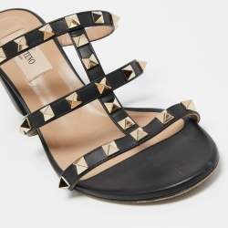 Pre Owned Valentino Black Leather Rockstud Slide Sandals Size 37