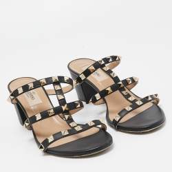 Pre Owned Valentino Black Leather Rockstud Slide Sandals Size 37